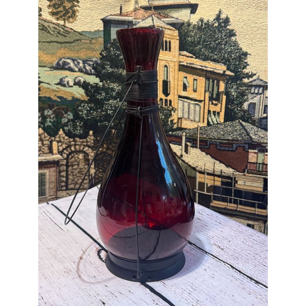 Vintage Red Glass Hanging Lantern Tea Light Holder With Metal Wire Wrap & Handle